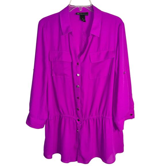 Lane Bryant Fuchsia Button Front Peplum Tunic Size 16 3/4 Sleeve Semi-Sheer - Picture 1 of 6